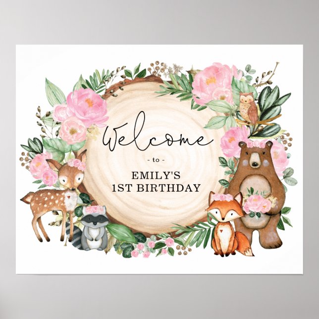 Affiche Fille Bois Animaux Rose Floral Anniversaire Bienve (Devant)