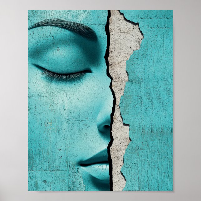Affiche Fille cachée derrière un mur de menthe fissuré (Devant)