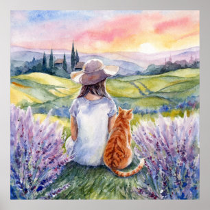 Affiche Fille & Chat Roux Regardant le Lever du Soleil - A