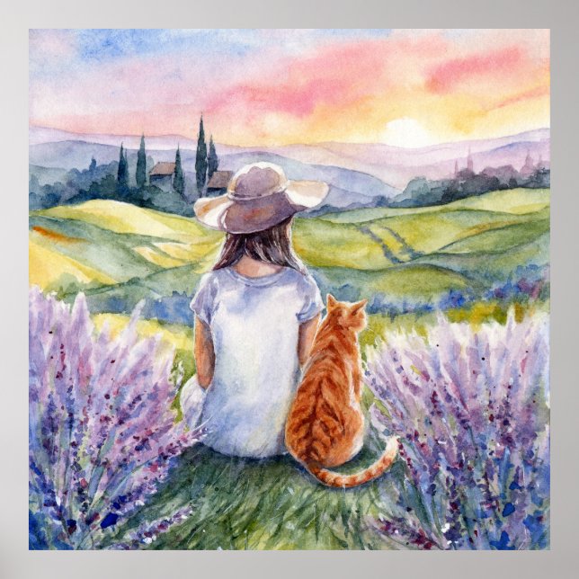 Affiche Fille & Chat Roux Regardant le Lever du Soleil - A (Devant)
