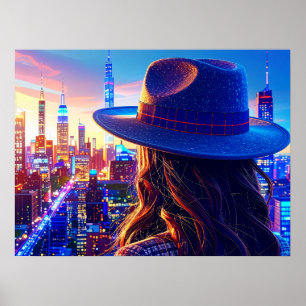 Affiche Fille cool de NYC avec chapeau fedora - paysage no