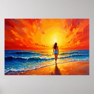 Affiche Fille coucher de soleil promenade décor des vagues