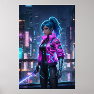 Affiche Fille Cyberpunk Néon Guerrière de la ville futur