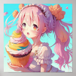 Affiche Fille d'anime avec cupcake fantaisiste
