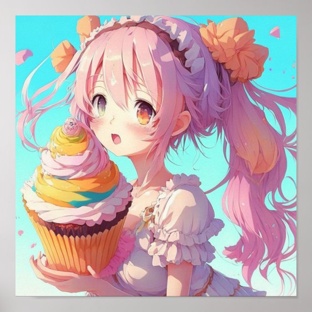 Affiche Fille d'anime avec cupcake fantaisiste (Devant)