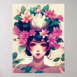 Affiche Fille d'anime couronnée de fleurs de lotus