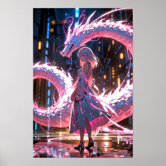 Affiche Fille d'anime Cyberpunk Dragon Néon Art Fantastiqu