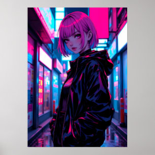 Affiche Fille d'anime cyberpunk néon dans une ruelle