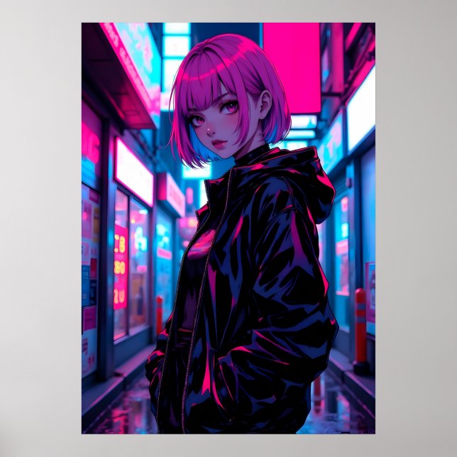 Affiche Fille d'anime cyberpunk néon dans une ruelle (Devant)