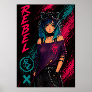 Affiche Fille d'anime Cyberpunk Néon Noir