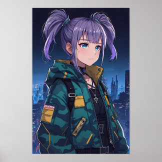 Affiche Fille d'anime Cyberpunk Queue Camo Veste Art