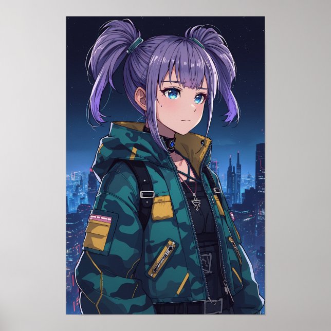 Affiche Fille d'anime Cyberpunk Queue Camo Veste Art (Devant)