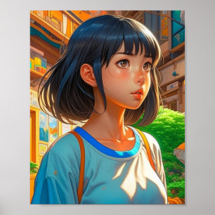 Affiche Fille d'anime dans la ville Arts colorés