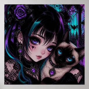 Affiche Fille d'anime gothique emo & chat