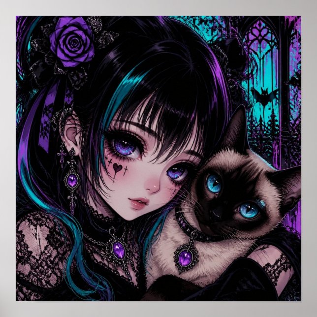 Affiche Fille d'anime gothique emo & chat (Devant)