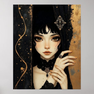 Affiche Fille d'anime gothique noir et or