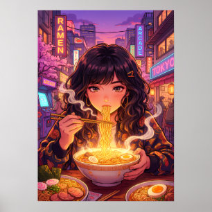 Affiche Fille d'anime mangeant du Ramen dans la rue de la