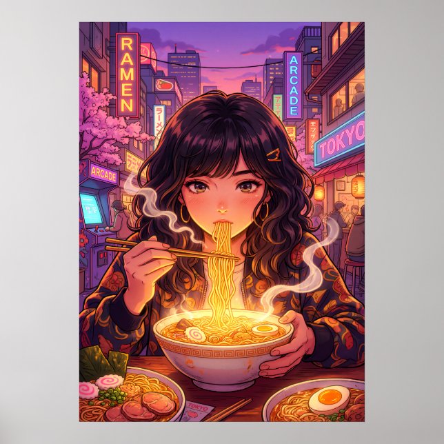 Affiche Fille d'anime mangeant du Ramen dans la rue de la  (Devant)