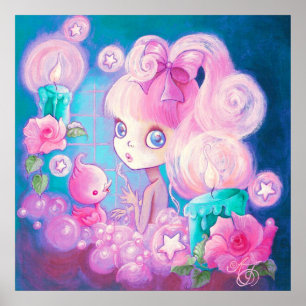 Affiche Fille dans Bain de Bubblebath avec bougies et Rose