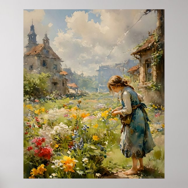Affiche Fille dans un jardin fleuri, style impressionniste (Devant)