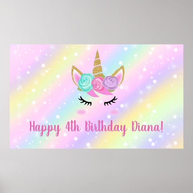 Affiche Fille de 4 ans anniversaire licorne mignonne (Devant)