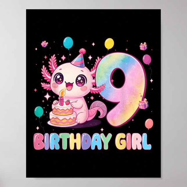 Affiche Fille de 9 ans d'anniversaire Mignonne Axolotl 9 A (Devant)