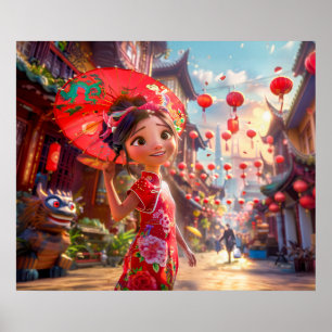 Affiche Fille de bande dessinée avec parasol dans une scèn