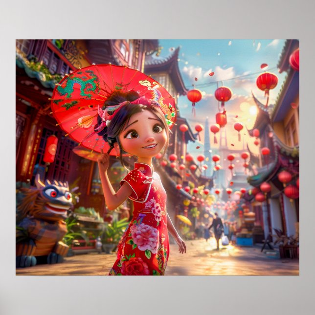 Affiche Fille de bande dessinée avec parasol dans une scèn (Devant)