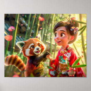 Affiche Fille de bande dessinée avec un panda roux dans un
