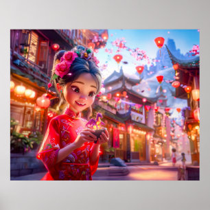 Affiche Fille de bande dessinée avec un petit dragon fanta