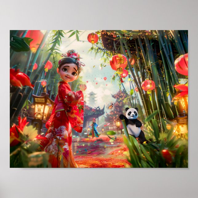 Affiche Fille de bande dessinée dans une forêt de bambou a (Devant)