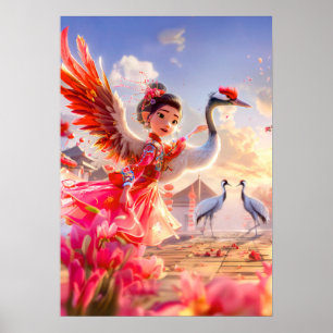 Affiche Fille de bande dessinée dansant avec une grue dans