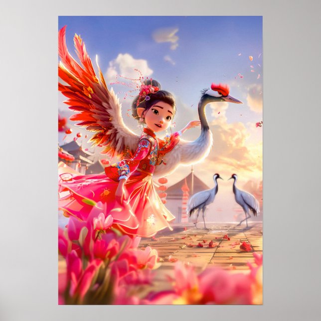 Affiche Fille de bande dessinée dansant avec une grue dans (Devant)