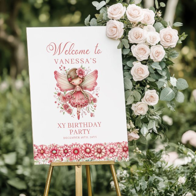 Affiche Fille de conte de fées fée rougeur floral annivers (Fairytale Fairy Girl Blush Floral Birthday Welcome Sign

)