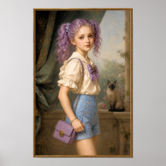 Affiche Fille de couleur violette et chat siamois