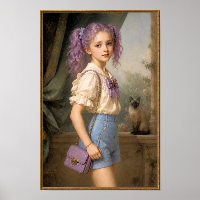 Affiche Fille de couleur violette et chat siamois (Devant)