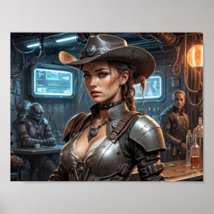 Affiche Fille de cow-boy de l'espace avec armure cybernéti