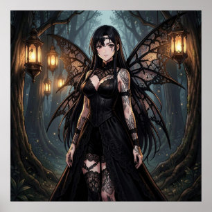 Affiche Fille de fée d'anime gothique dans une forêt encha