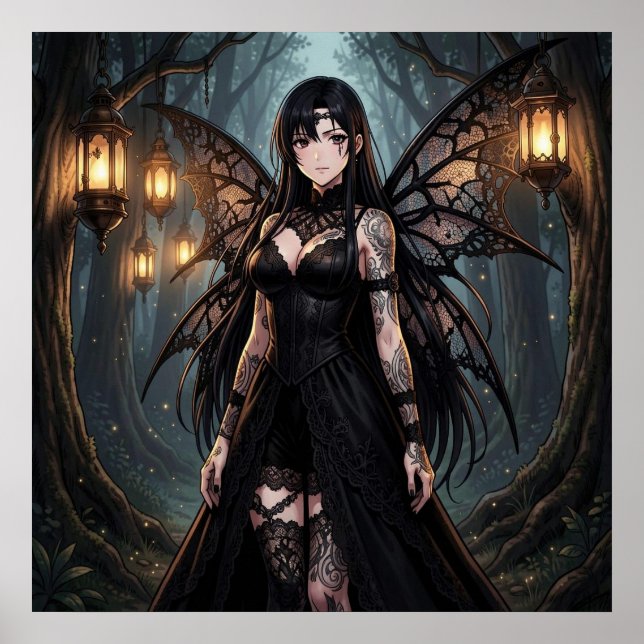 Affiche Fille de fée d'anime gothique dans une forêt encha (Devant)