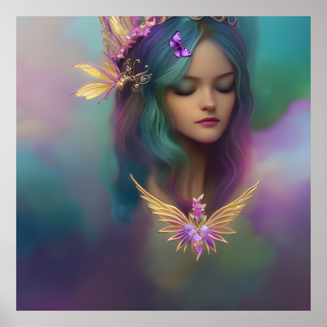 Affiche Fille de fée douce fantasy violet sarcelle rose Ai (Devant)
