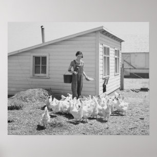 Affiche Fille de ferme nourrissant des poulets, 1936. Phot