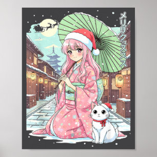 Affiche Fille de kimono d'anime Noël Japon Chat Xmas Japon
