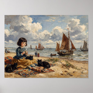 Affiche Fille de la plage avec peinture de chats noirs