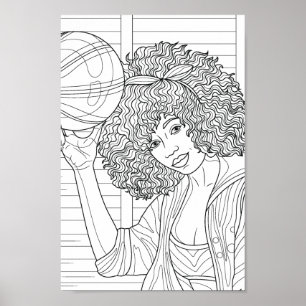 Affiche Fille de page de coloriage avec basket-ball