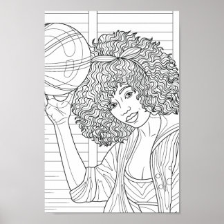 Affiche Fille de page de coloriage avec basket-ball