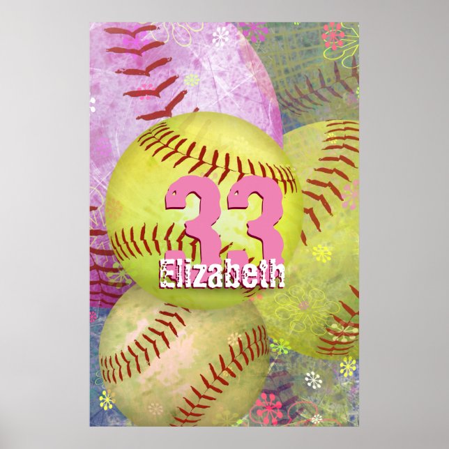 Affiche Fille de softball grungy jaune rose (Devant)