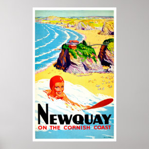 Affiche Fille de surf à Newquay beach, Cornwall, vintage