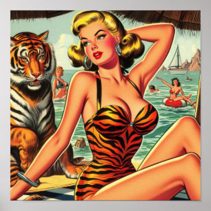 Affiche Fille d'impression vintage de tigre