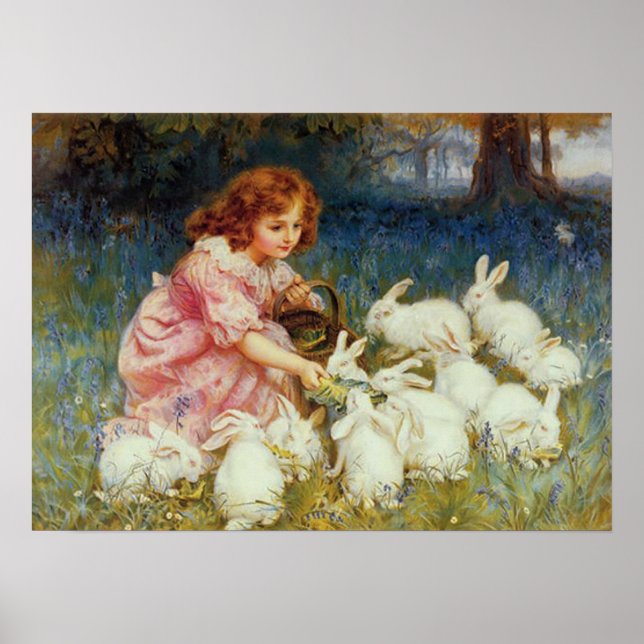 Affiche Fille donnant à manger à des lapins blancs (Devant)