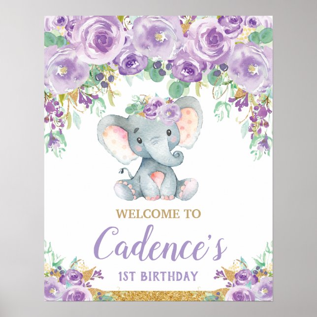 Affiche Fille du 1er anniversaire éléphant floral violet b (Devant)